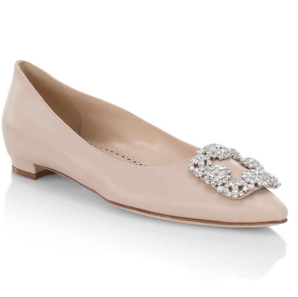 NWT 100% Authentic Manolo Blahnik Hangisi 25 Embellished Leather Flats